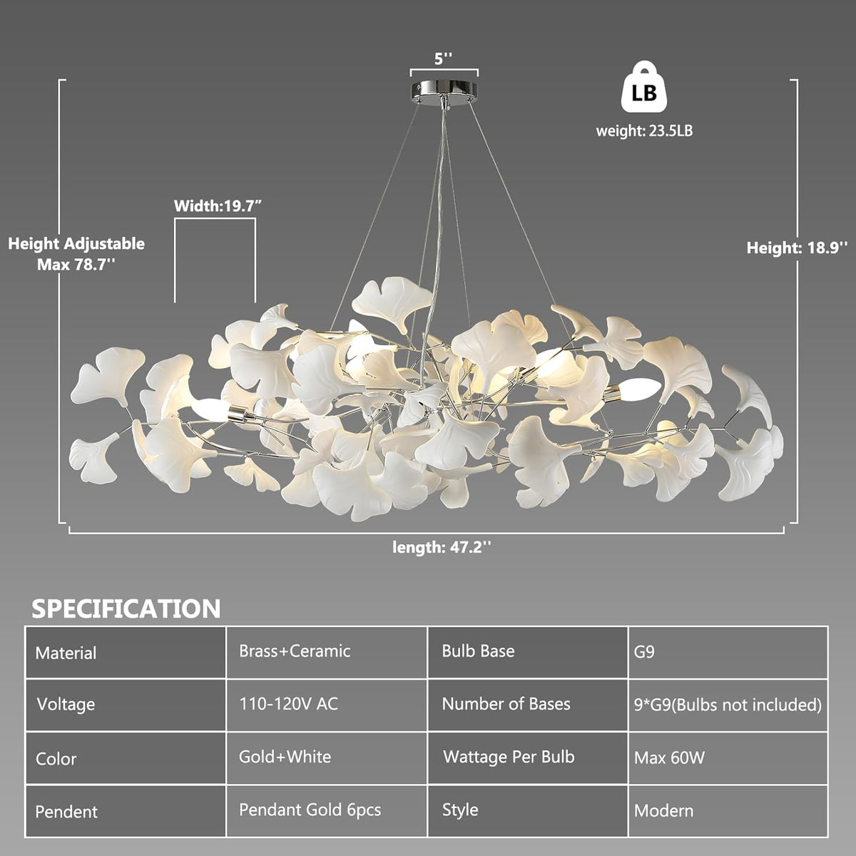 Silver Ceramic Ginkgo Leaf Branch Chandelier – 47.2" Brass Rectangle