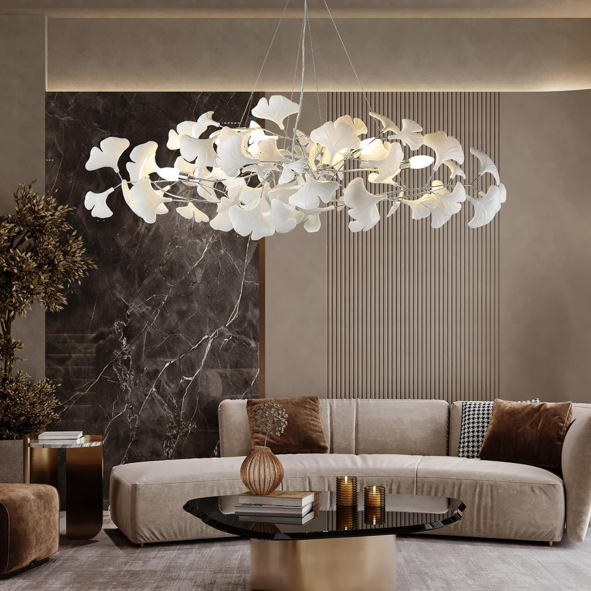 Silver Ceramic Ginkgo Leaf Branch Chandelier – 47.2" Brass Rectangle