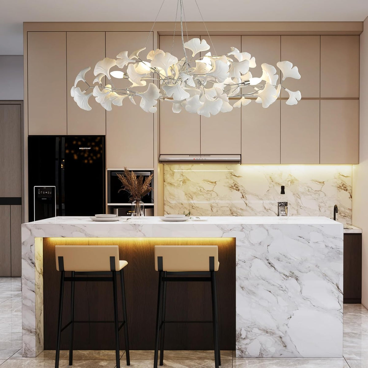Silver Ceramic Ginkgo Leaf Branch Chandelier – 47.2" Brass Rectangle