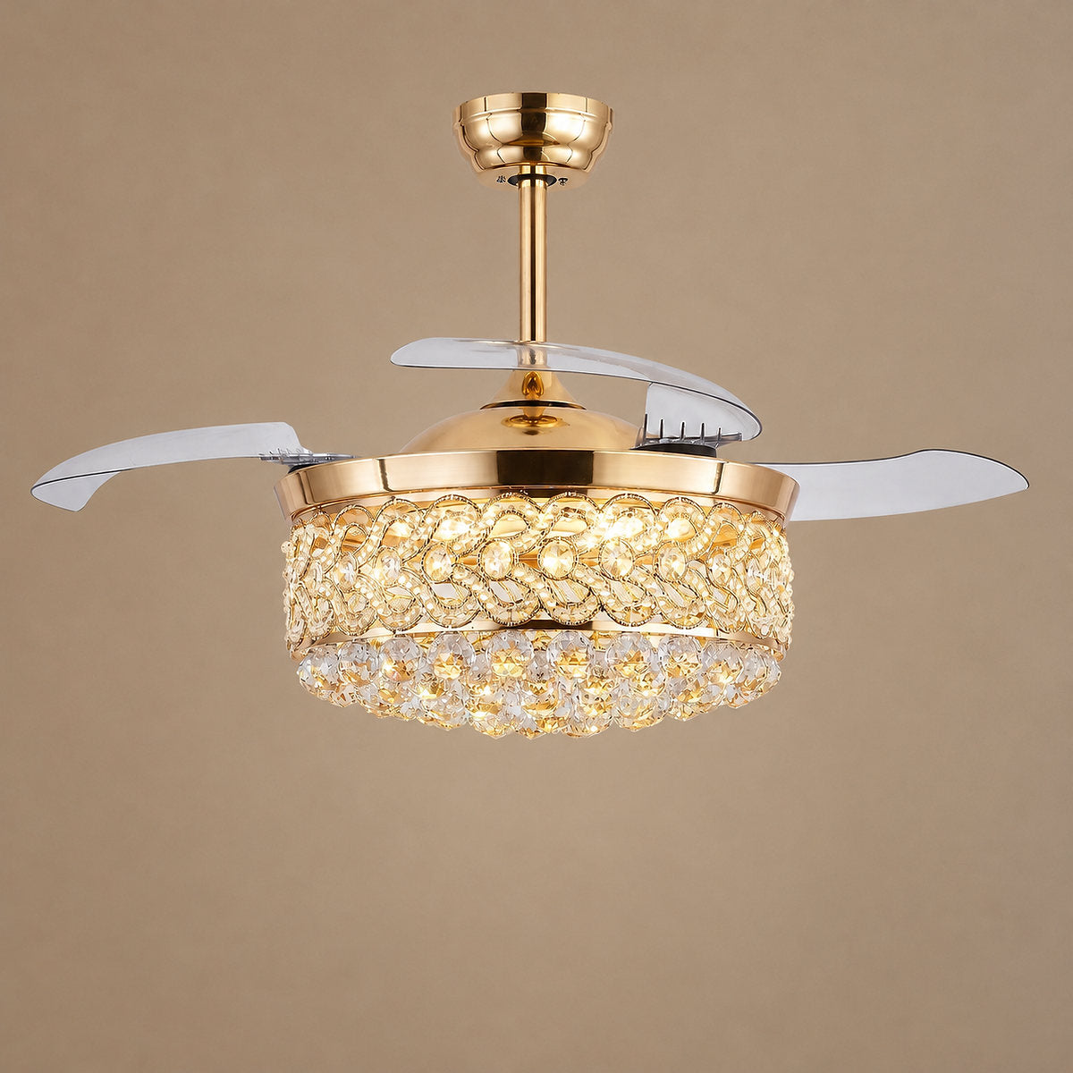 Tricolordeer Crystal Drum Chandelier Retractable Ceiling Fan