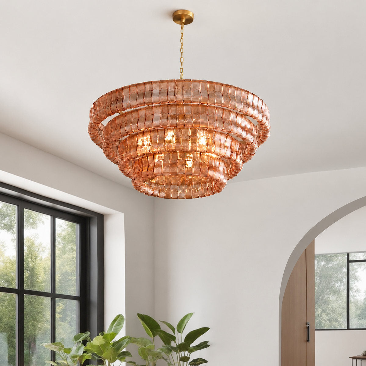 Tricolordeer Four-Light Round Amber Glass Chandelier