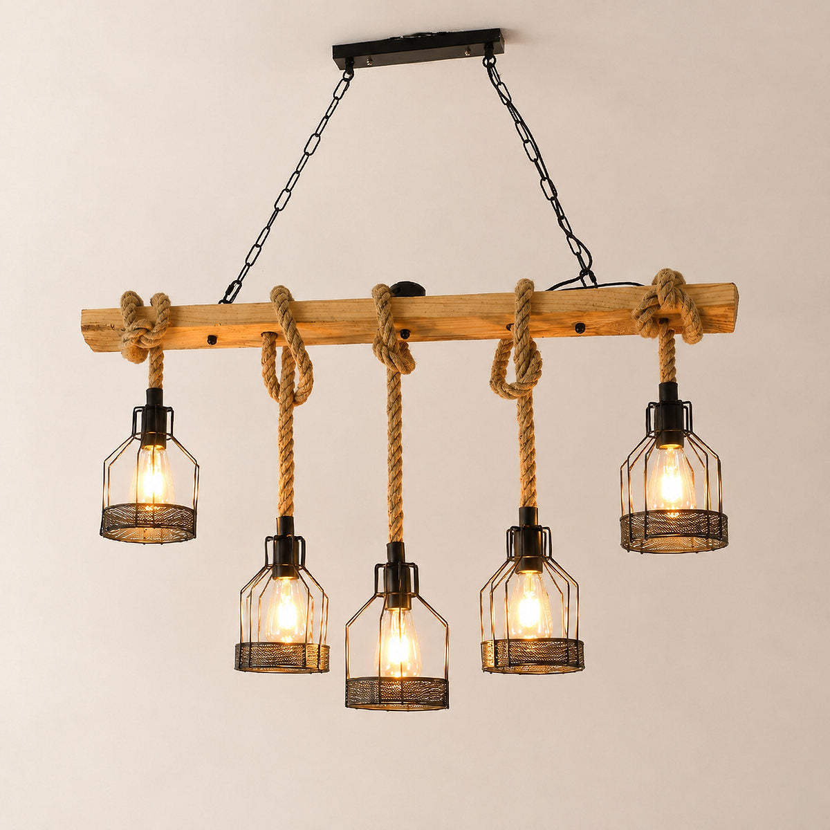 Horizontal Wood Beam Grenade Cage Chandelier