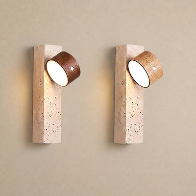 Axis Wood Rechargeable Wall Lamp, 2.8-Inch x H 9.1-Inch, Dark walnut & Yellow Travertine, Warm Light & USB Charging for Bedroom & Living Room