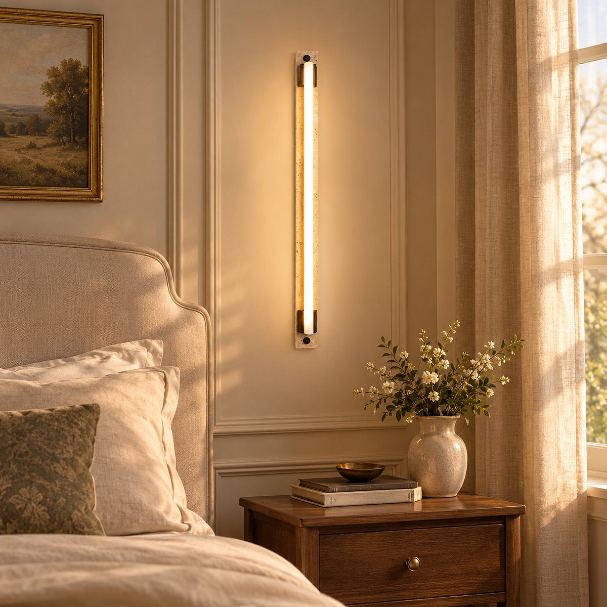 Caelum Light Bar Wall Lamp, 1.9-Inch x H 23.6-Inch, Wood & Yellow Travertine, Warm Light for Living Room & Dining Room