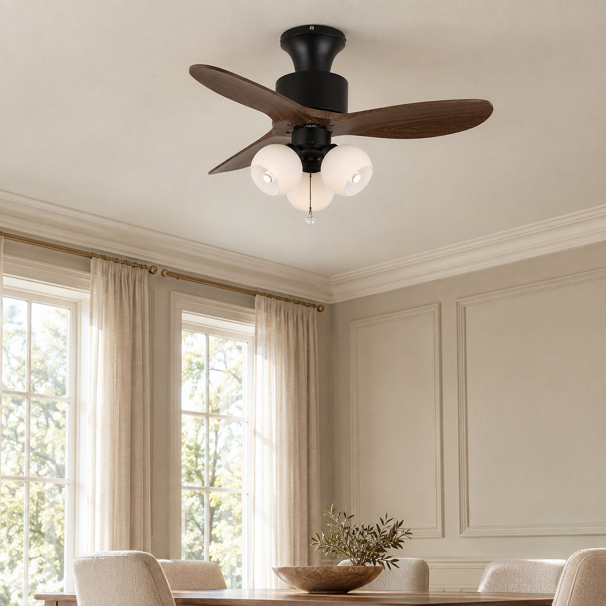 Lumo Orb Ceiling Fan Light, 36~42-Inch x H 11.8-Inch, Orange & Walnut Wood for Living Room
