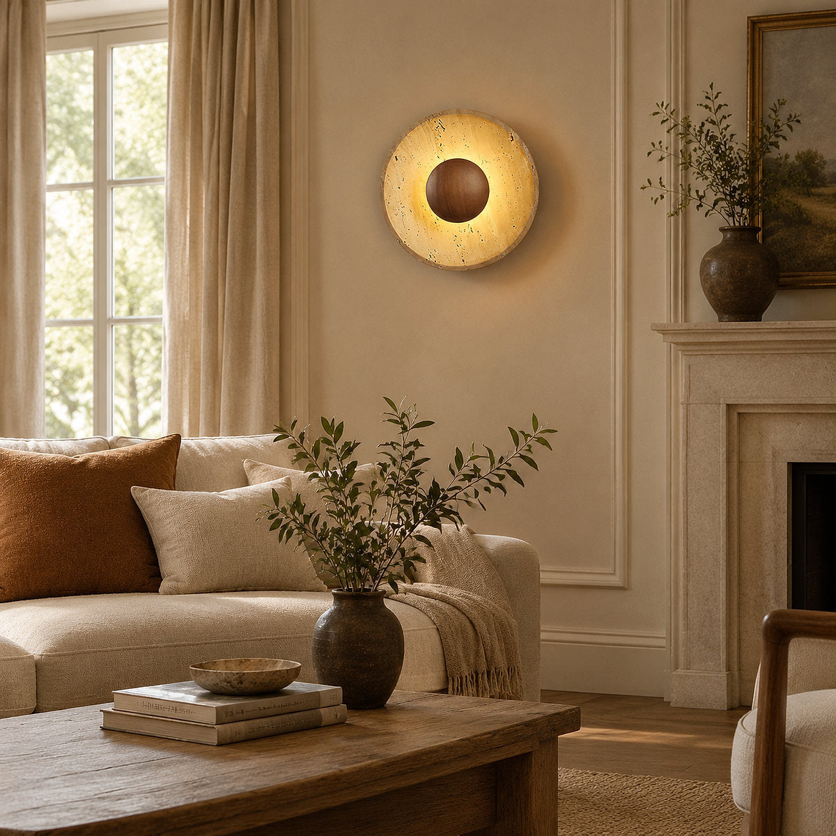 Halo Travertine Wall Lamp, 9.8-Inch x H 9.8-Inch, Wood & Yellow Travertine, Warm Light for Living Room & Dining Room