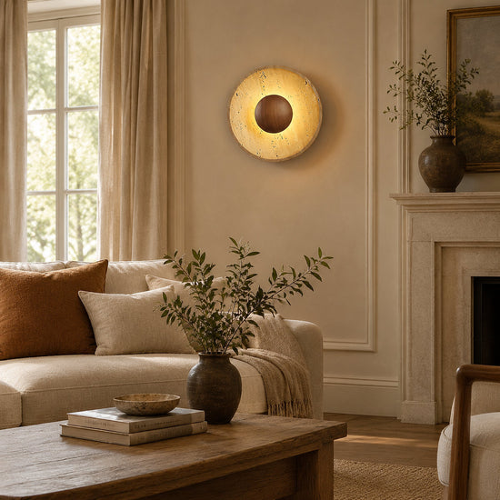 Halo Travertine Wall Lamp, 9.8-Inch x H 9.8-Inch, Wood & Yellow Travertine, Warm Light for Living Room & Dining Room