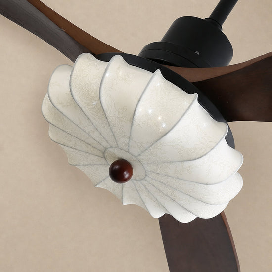 Lotus Bloom Ceiling Fan Light, 36~52-Inch x H 11.8-Inch, Walnut Wood & Black & White, Warm Light for Living Room