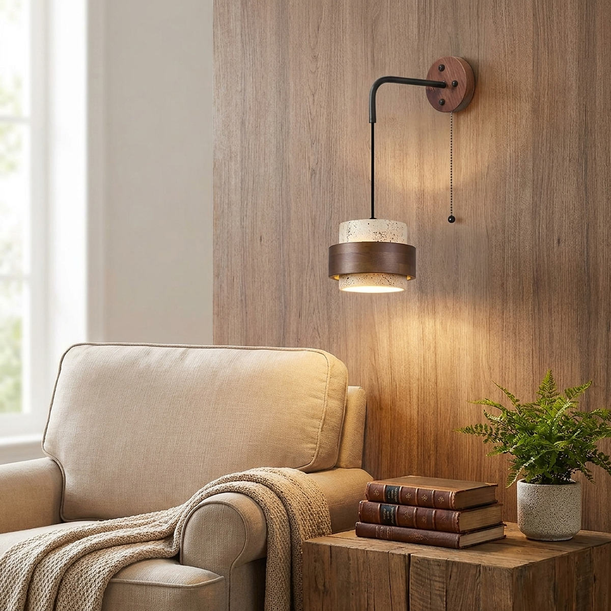 Stonova Travertine Wall Lamp, 6.7-Inch x H 4.9-Inch, Dark walnut & Yellow Travertine for Living Room & Dining Room