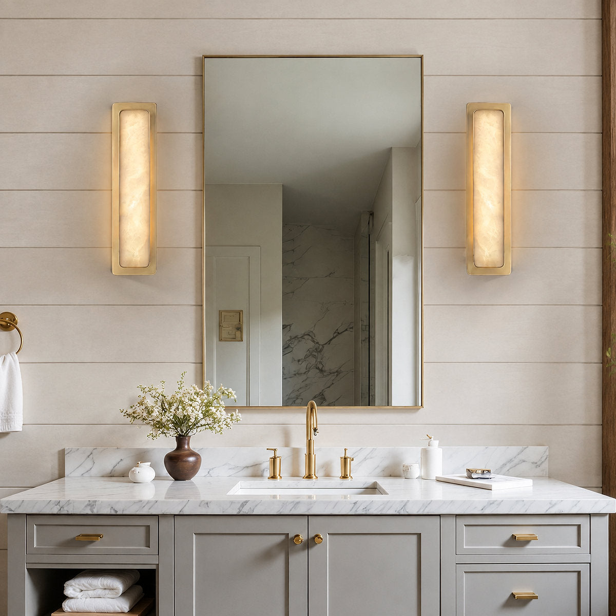 Velmora Alabaster Wall Lamp, 5.1-Inch x H 20.1-Inch, Gold & White, Warm Light for Living Room & Dining Room