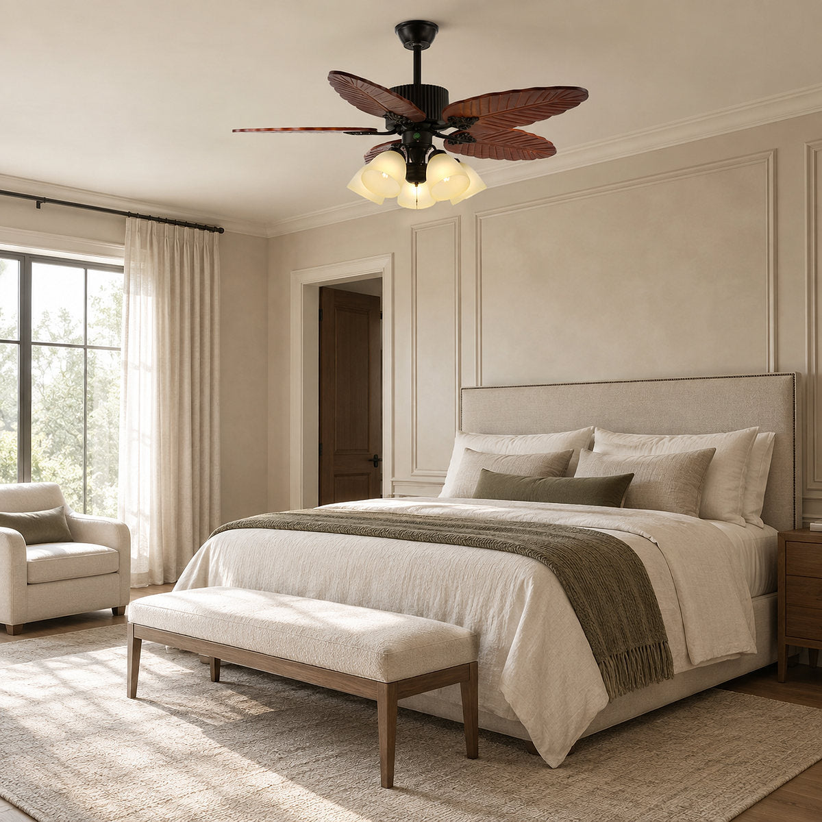Banana Wood Leaves Ceiling Fan Light, 42-Inch X H 11.8-Inch, Model A Walnut Wood Grain & Black (Without Light) for Living Room
