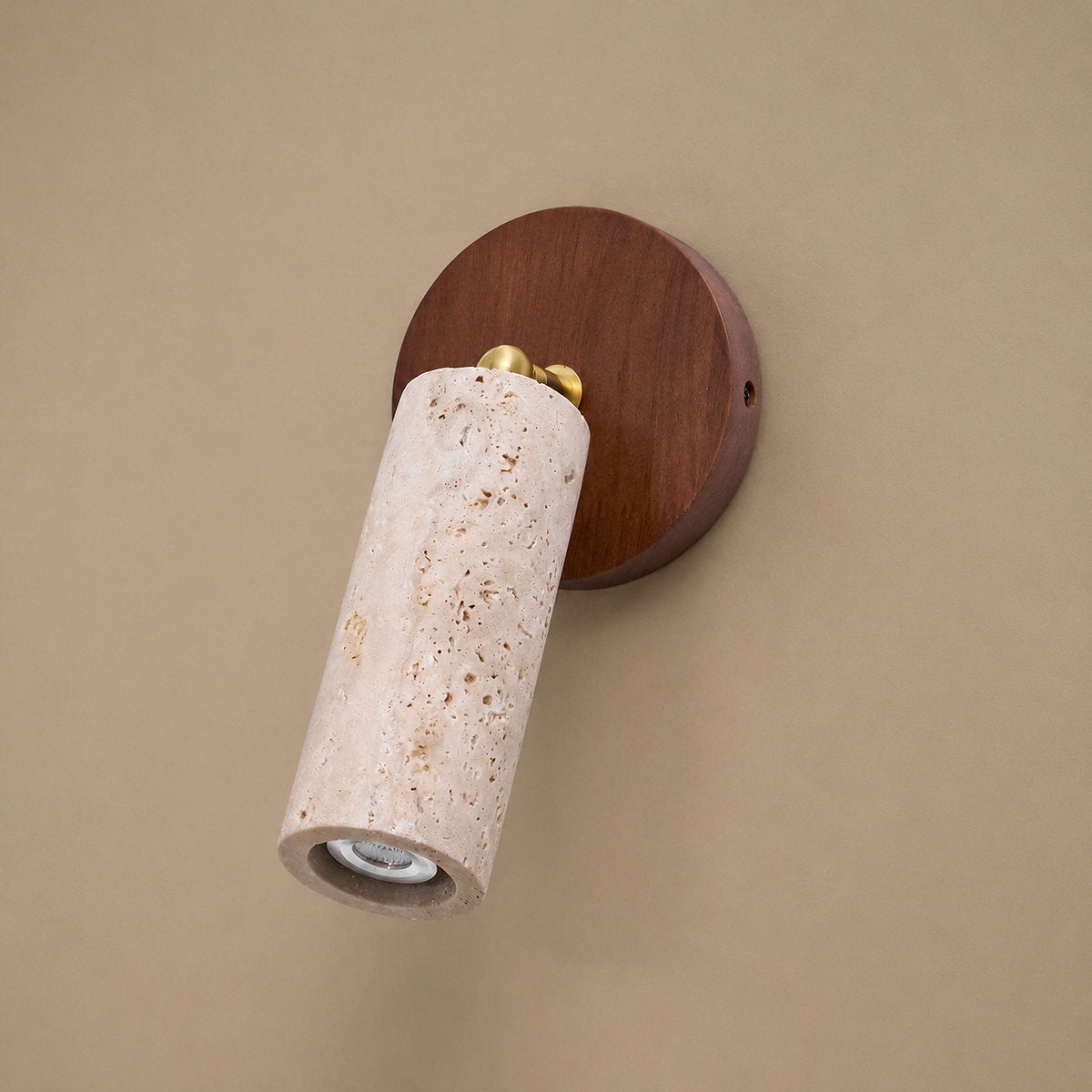 Solis Stone Spotlight, 2.6-Inch x H 6.3-Inch, Walnut Wood & Yellow Travertine, Warm Light for Bedroom & Living Room