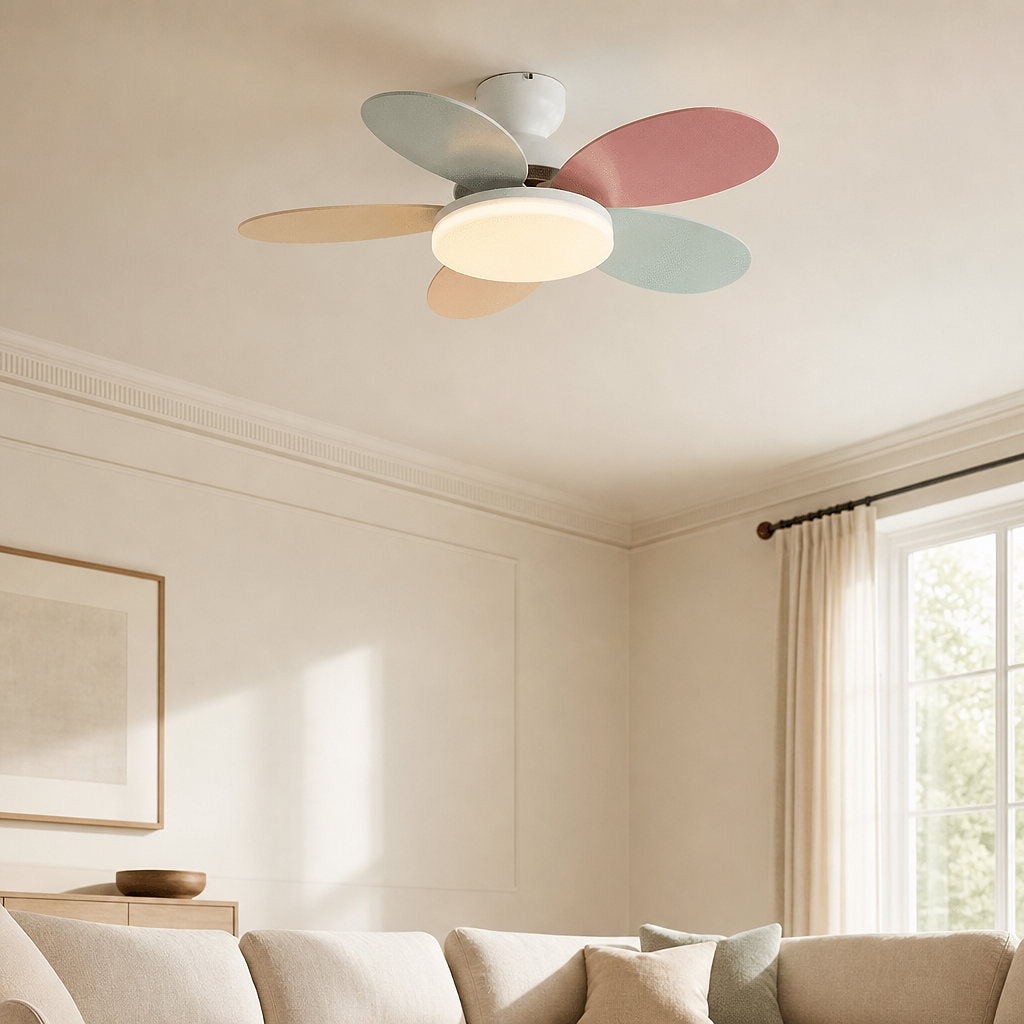 Petalo Ceiling Fan Light, 35.4-Inch x H 11.0-Inch, Green & Wood Grain, Warm Light for Living Room