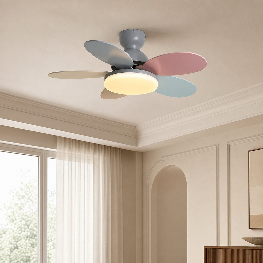 Petalo Ceiling Fan Light, 35.4-Inch x H 11.0-Inch, Green & Wood Grain, Warm Light for Living Room