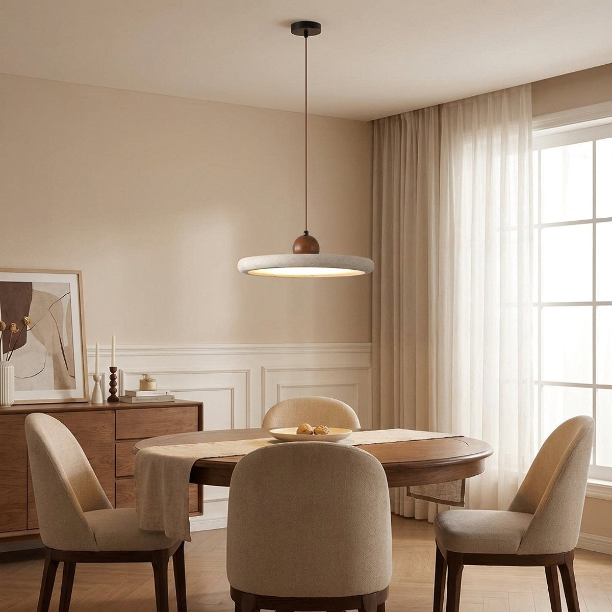 Round Wood and Travertine Pendant Lamp Warm Light for Dining Room & Living Room