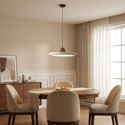 Round Wood and Travertine Pendant Lamp Warm Light for Dining Room & Living Room
