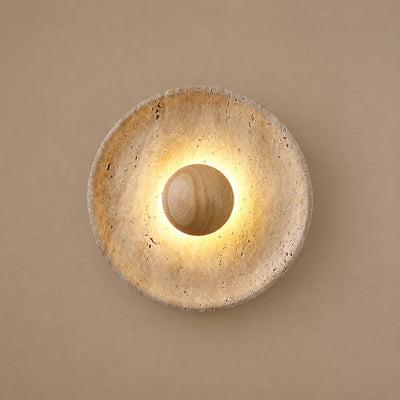Halo Travertine Wall Lamp, 9.8-Inch x H 9.8-Inch, Wood & Yellow Travertine, Warm Light for Living Room & Dining Room