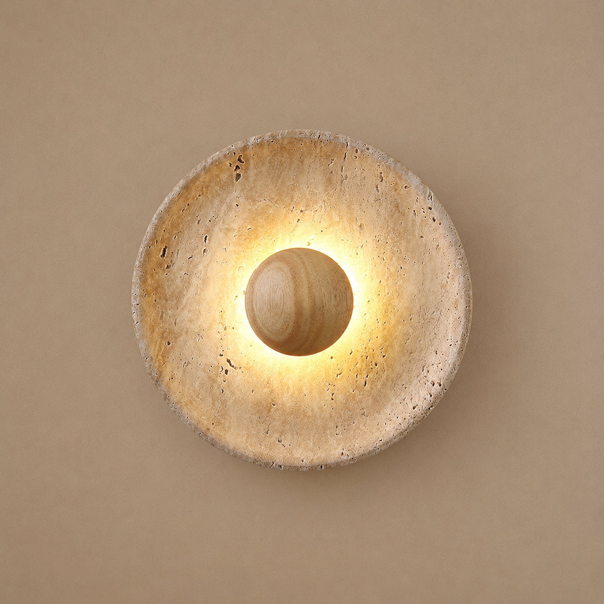 Halo Travertine Wall Lamp, 9.8-Inch x H 9.8-Inch, Wood & Yellow Travertine, Warm Light for Living Room & Dining Room