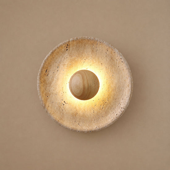 Halo Travertine Wall Lamp, 9.8-Inch x H 9.8-Inch, Wood & Yellow Travertine, Warm Light for Living Room & Dining Room