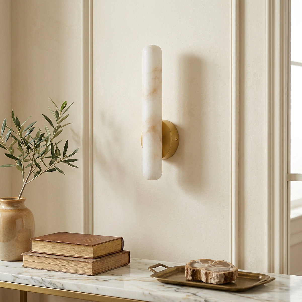 Alabaster Rod Wall Lamp, 1.9-Inch x H 15.7~23.6-Inch, Brass & White, Warm Light for Living Room & Dining Room