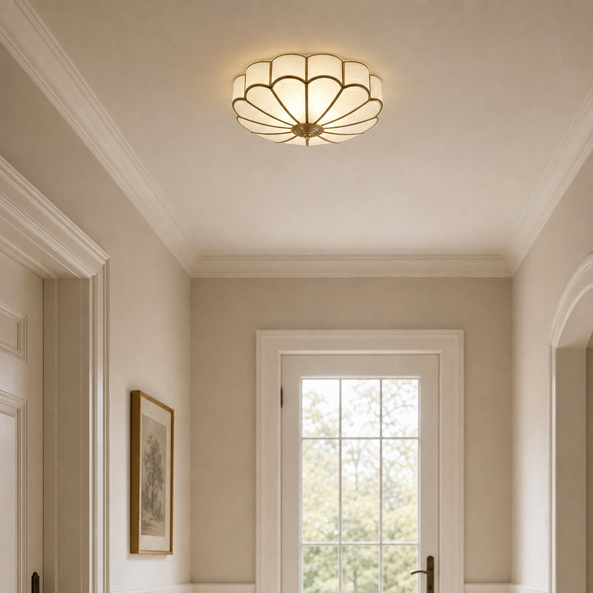 Flower Shape Glass Recessed Ceiling Light, 13.8~23.6-Inch x H 6.1`7.9-Inch, Brass & White for Living Room