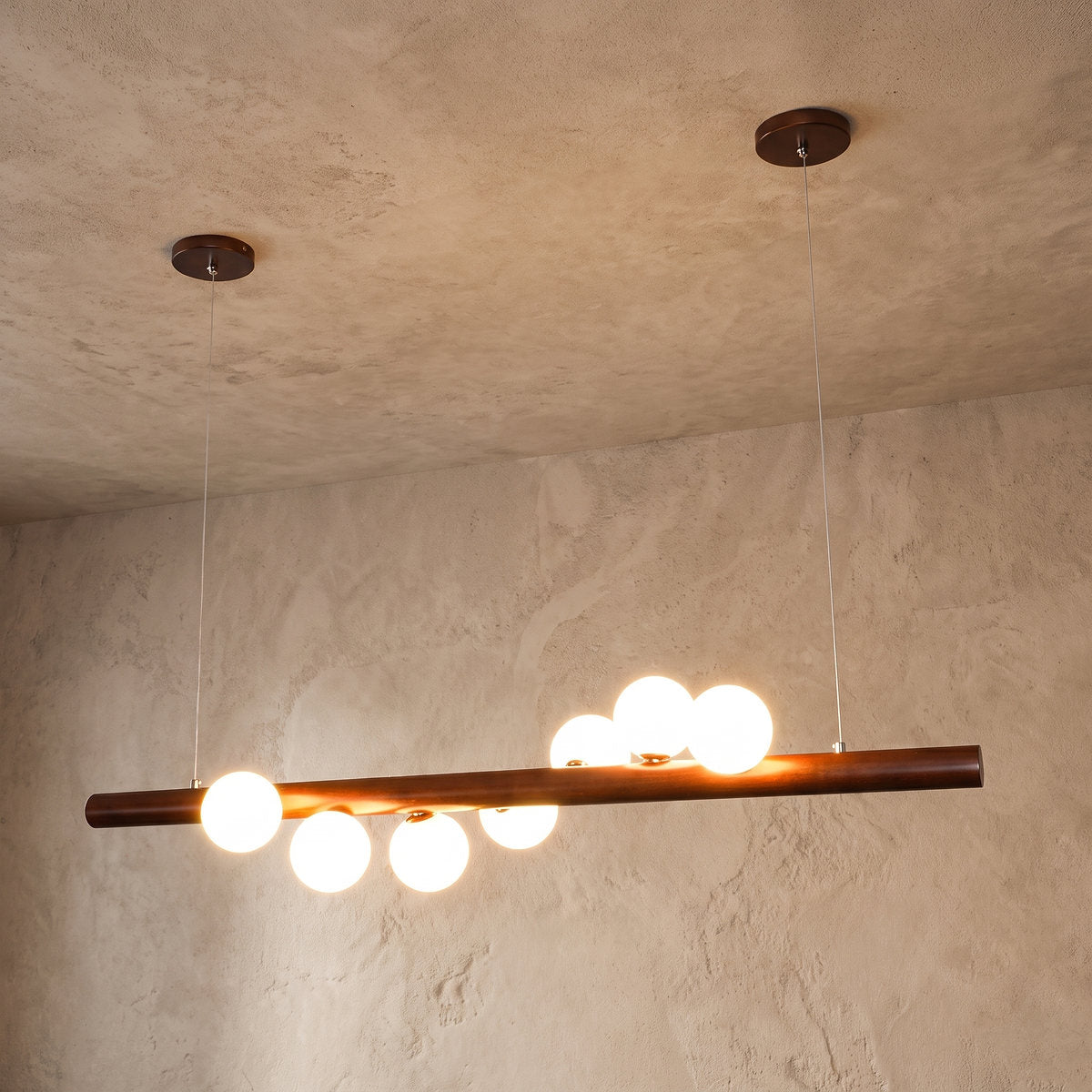 Scandinavian Wooden 5-Light Pendant Light, L 31.4-Inch x H 2.3-Inch, Walnut & White for Dining Room & Living Room