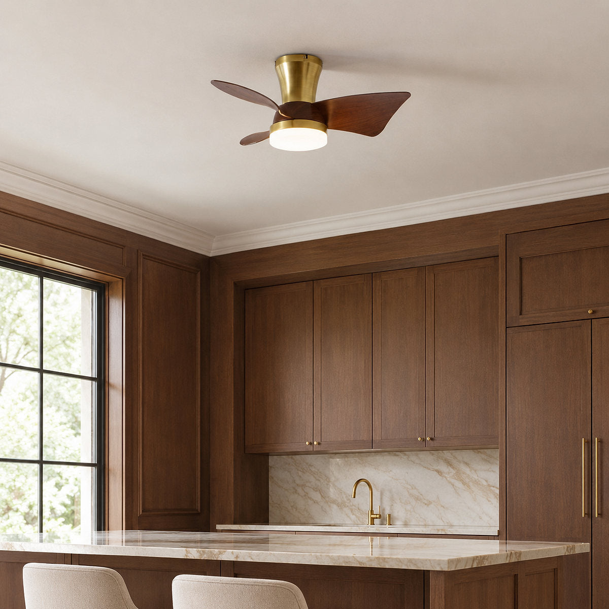Breeze Lux Ceiling Fan Light, 21.7-Inch x H 10.2-Inch, Gold & Walnut Wood Grain, Three-Color Light for Living Room