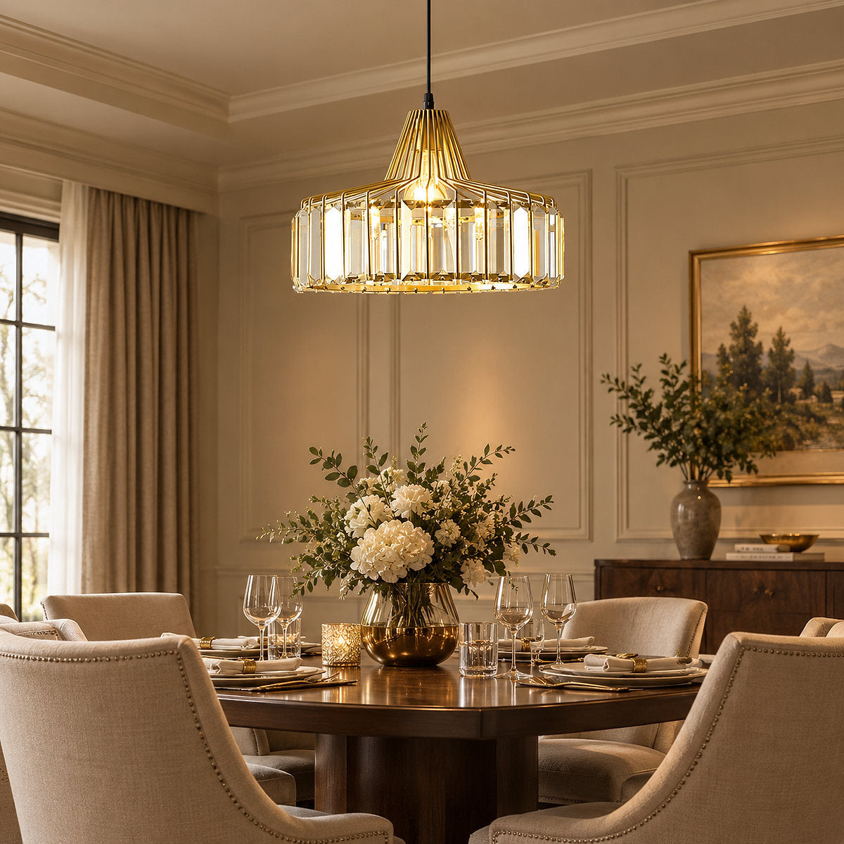 Round Crystal Drum Pendant Light for Dining Room & Living Room