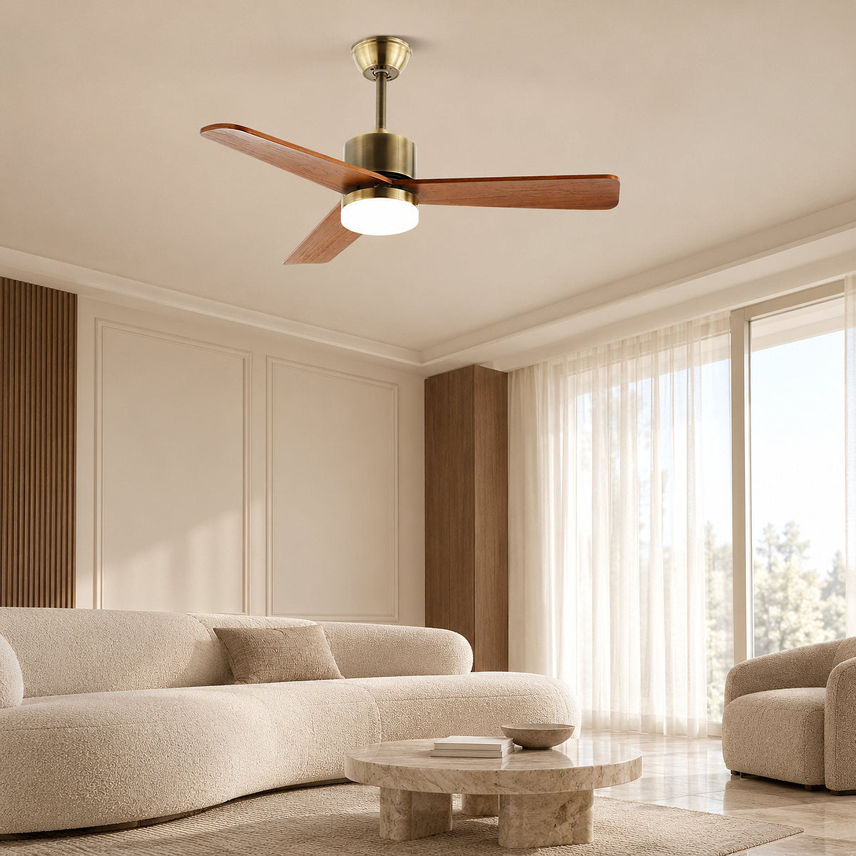Zephyr Wooden 42"/52" Ceiling Fan Light, 42-Inch x H 11.8-Inch, Model A~D Antique bronze & Walnut, Three-Color Light for Living Room