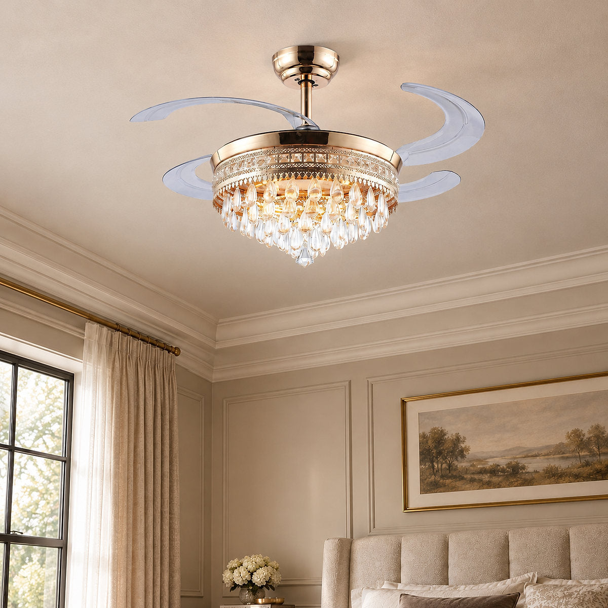 Tricolordeer Retractable Blade Crystal Chandelier Ceiling Fan