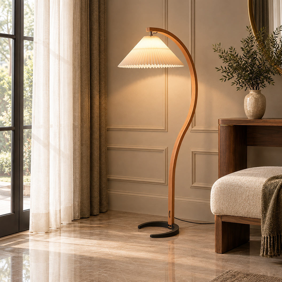 Tricolordeer Beech Wood and Linen Floor Lamp