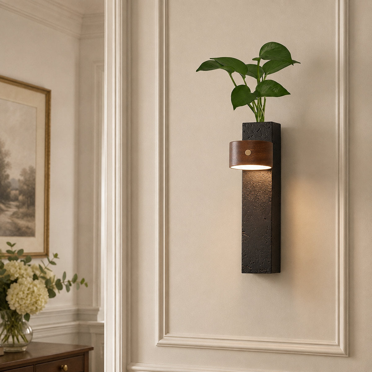 Verde Beam Rechargeable Wall Lamp, 2.8-Inch x H 9.1-Inch, Dark walnut & Black Travertine, Warm Light & USB Charging for Bedroom & Living Room