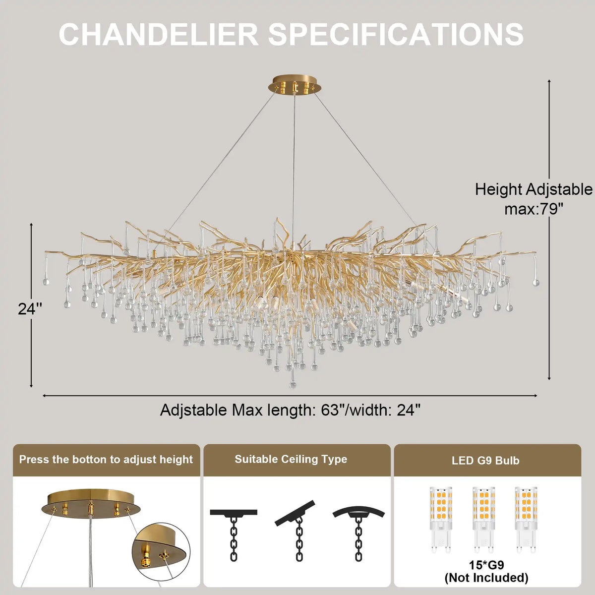 63" Modern Crystal Tree Branch Chandelier with 15 Lights