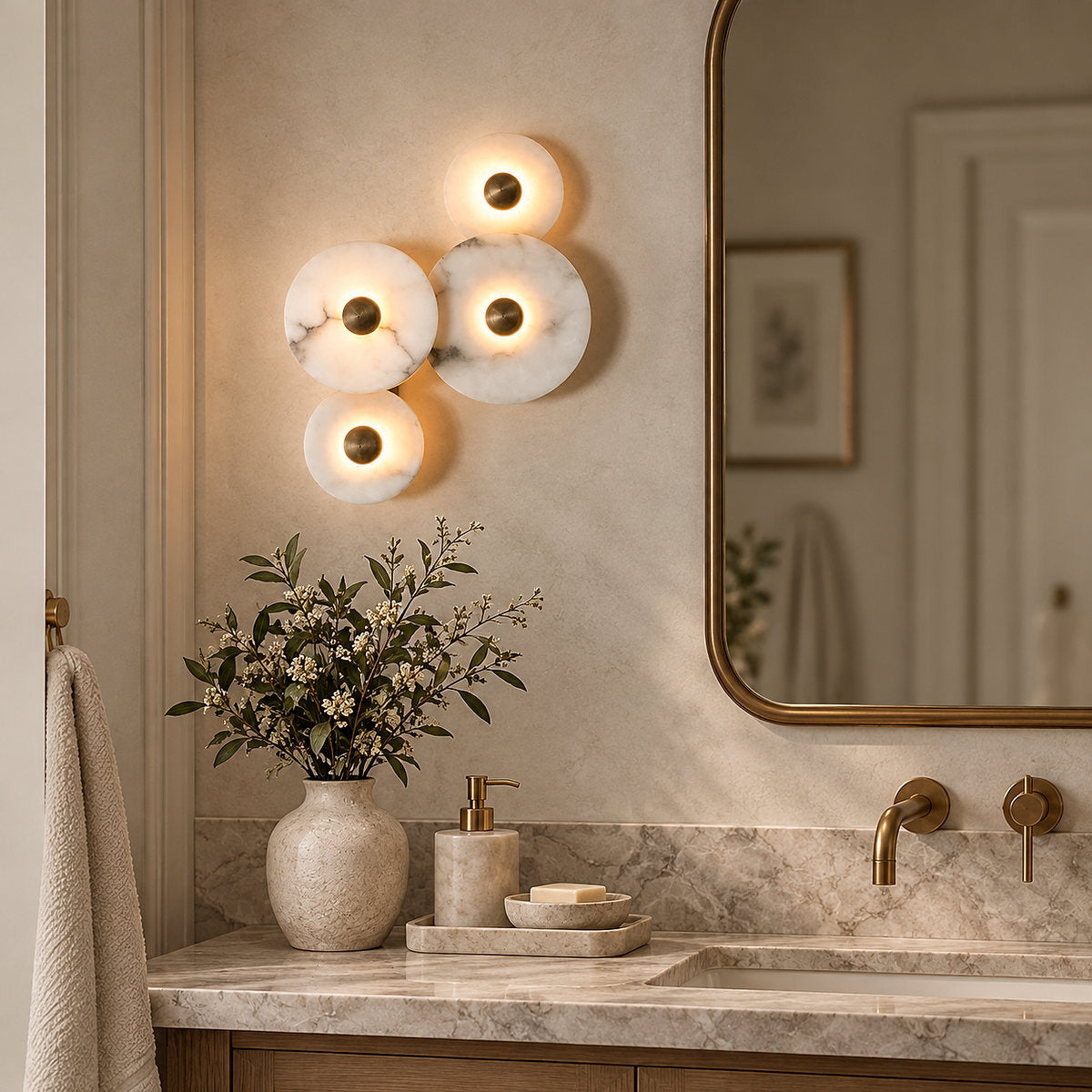 Nayra Alabaster Wall Lamp, 7.9~13.8-Inch, White & Bronze, Triac Warm Dimming for Living Room & Dining Room