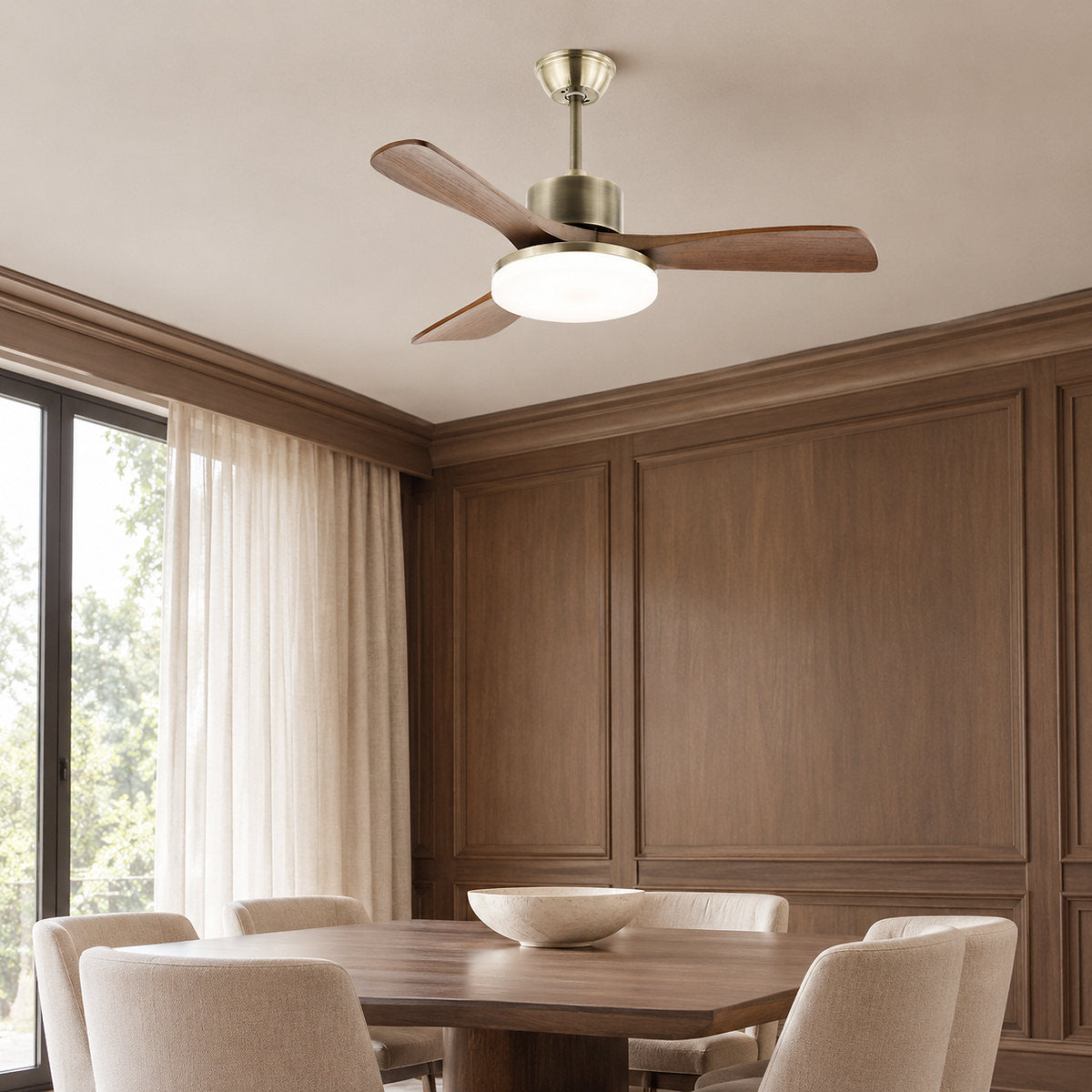 Zephyr Wooden 42"/52" Ceiling Fan Light, 42-Inch x H 11.8-Inch, Model A~D Antique bronze & Walnut, Three-Color Light for Living Room