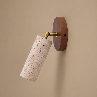 Solis Stone Spotlight, 2.6-Inch x H 6.3-Inch, Walnut Wood & Yellow Travertine, Warm Light for Bedroom & Living Room