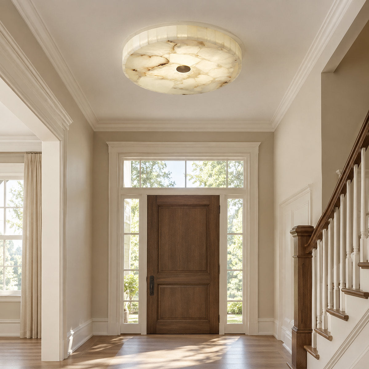 Round Alabaster Ceiling Light, 15.7-Inch x H 2-Inch, White & Gold, Warm Light for Living Room