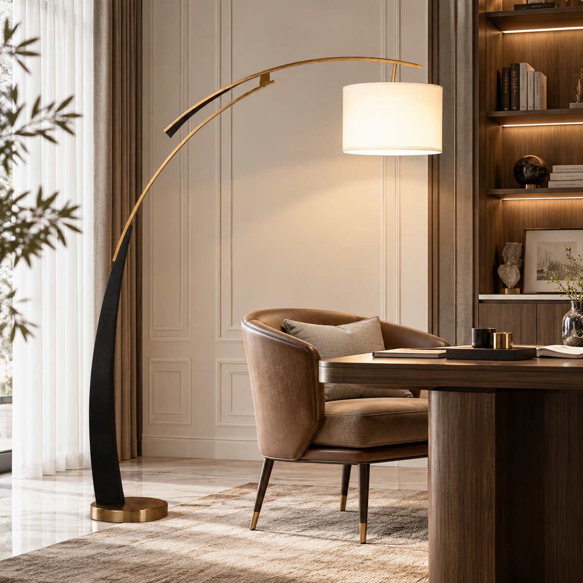 Tricolordeer Curved Black and Gold Fabric Floor Lamp
