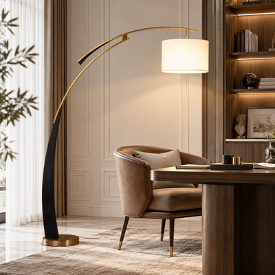 Tricolordeer Curved Black and Gold Fabric Floor Lamp