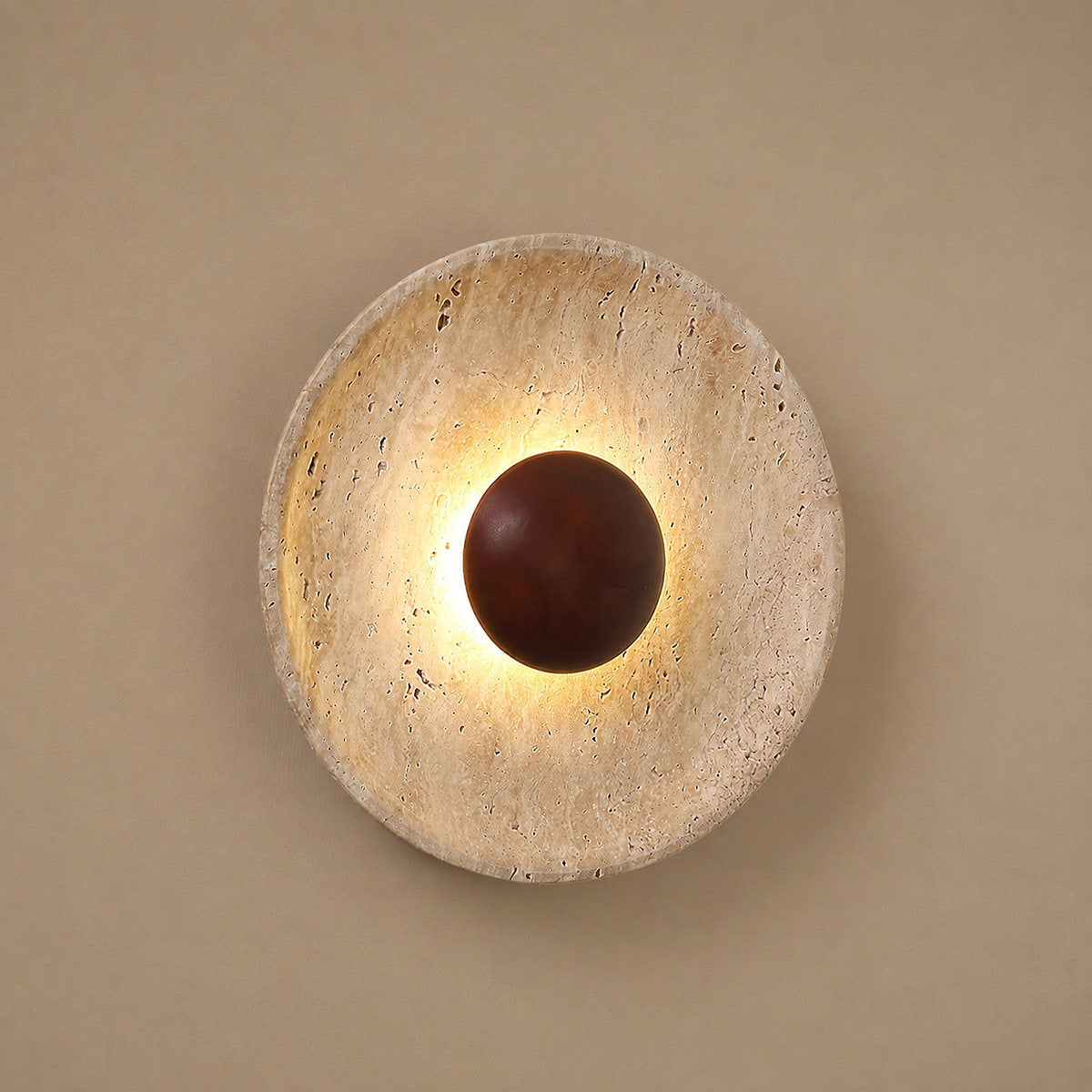 Halo Travertine Wall Lamp, 9.8-Inch x H 9.8-Inch, Wood & Yellow Travertine, Warm Light for Living Room & Dining Room