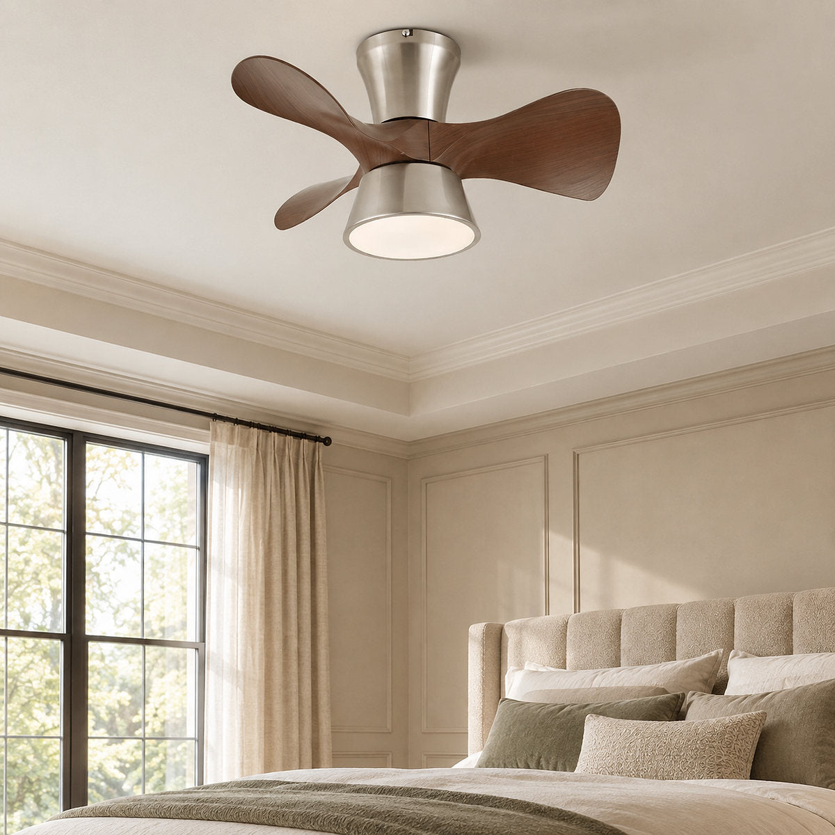 Arvento Ceiling Fan Light, 22-Inch x H 11.8-Inch, Walnut Wood & Nickel, Three-Color Light for Living Room
