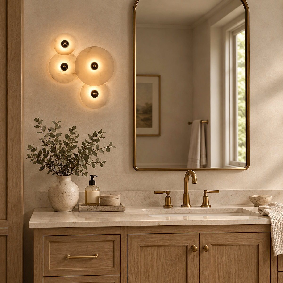 Nayra Alabaster Wall Lamp, 7.9~13.8-Inch, White & Bronze, Triac Warm Dimming for Living Room & Dining Room