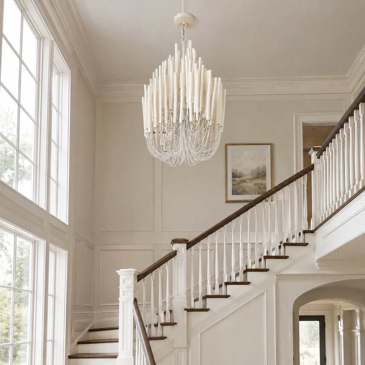 Tiered Wood and Curved Iron Chandelier