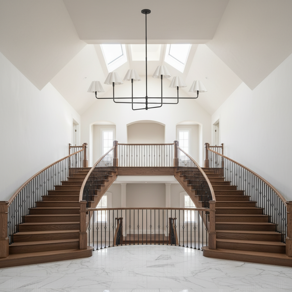 Luster Gaze Sculptural Linen Bloom Chandelier - dramatic American stairwell with three-story void