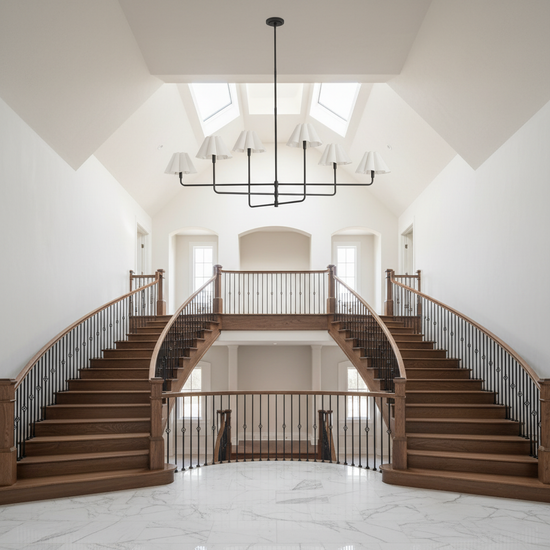 Luster Gaze Sculptural Linen Bloom Chandelier - dramatic American stairwell with three-story void