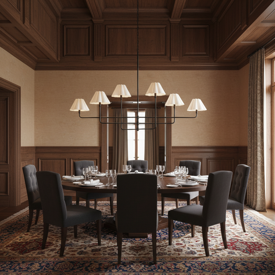 Luster Gaze Sculptural Linen Bloom Chandelier - formal American dining room with high ceiling
