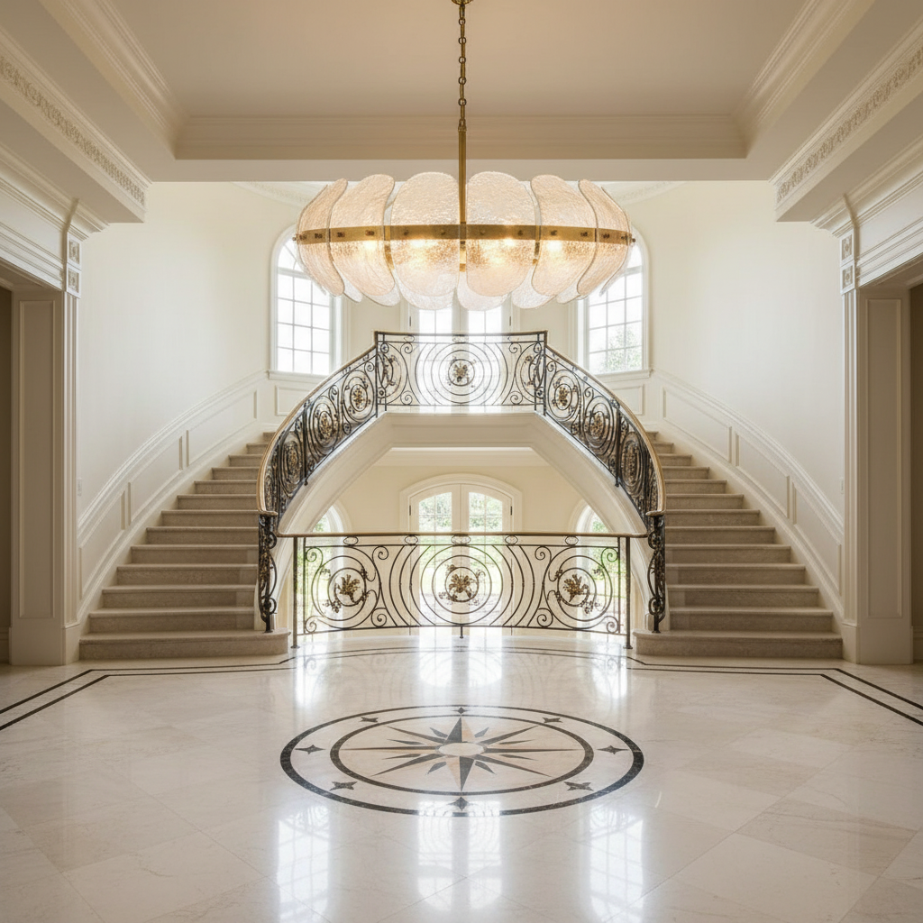 Luster Gaze Veridian Bloom Heritage Brass Chandelier - grand American foyer with two-story ceiling