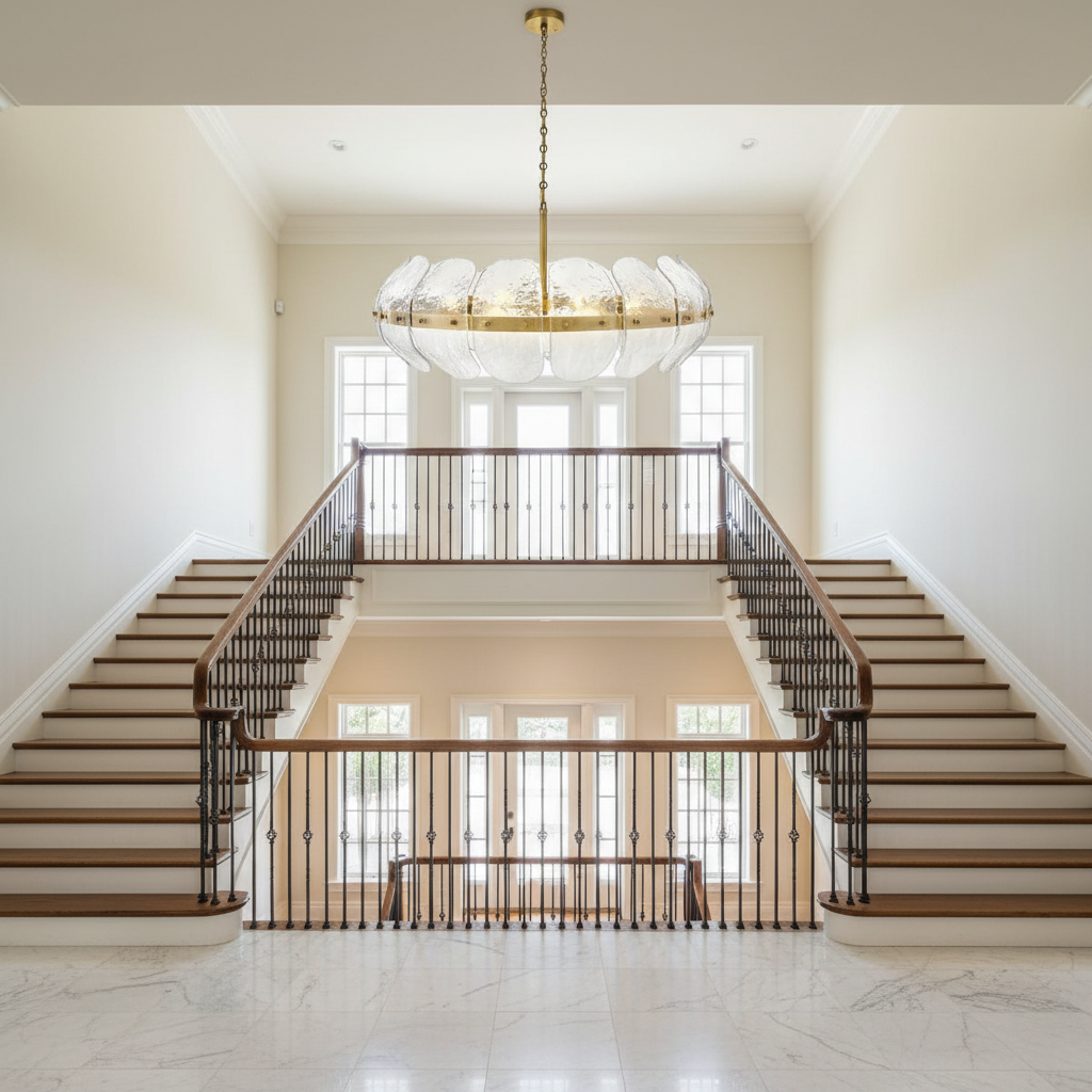 Luster Gaze Veridian Bloom Heritage Brass Chandelier - dramatic American stairwell with soaring ceiling