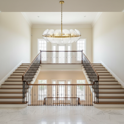 Luster Gaze Veridian Bloom Heritage Brass Chandelier - dramatic American stairwell with soaring ceiling