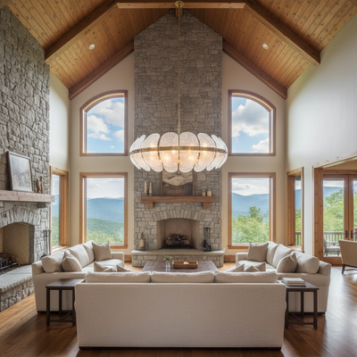 Luster Gaze Veridian Bloom Heritage Brass Chandelier - American transitional great room with cathedral ceiling